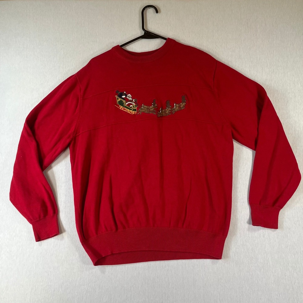 Roundtree & Yorke Sweater Mens L Christmas Santa Reindeer Embroidered Cotton
